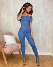 Plus Size Off Shoulder Bnadage Sexy Denim Jumpsuit LX-6894