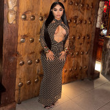 Hollow Out Stripe Print Long Sleeve Maxi Dress GJYO-303887