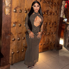 Hollow Out Stripe Print Long Sleeve Maxi Dress GJYO-303887