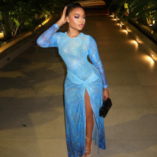 Long Sleeve Print Color Block Split Maxi Dress GJYO-303855