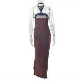 Solid Color Halterneck Backless Maxi Dress GJYO-303861