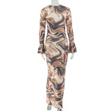 Flare Long Sleeve Print Maxi Dress GJYO-303879