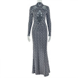 Hollow Out Stripe Print Long Sleeve Maxi Dress GJYO-303887
