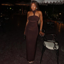 Solid Color Halterneck Backless Maxi Dress GJYO-303861