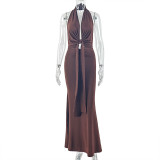 Sleeveless Backless Ruched Maxi Dress GJYO-303885