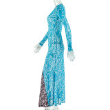 V Neck Long Sleeve Print Maxi Dress GJYO-303827