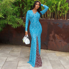 V Neck Long Sleeve Print Maxi Dress GJYO-303827