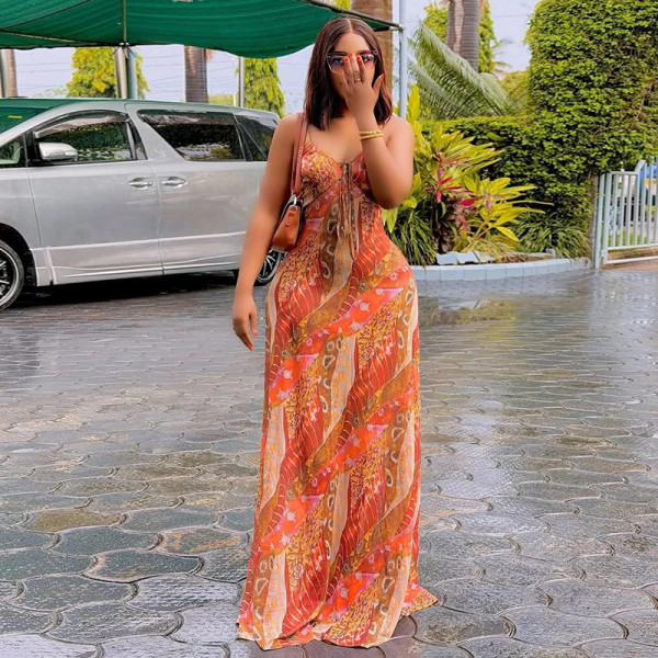 Print Sling Backless Maxi Dress GJYO-303860