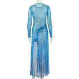 Long Sleeve Print Color Block Split Maxi Dress GJYO-303855