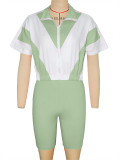 Contrast Color Zipper Tops+Shorts Sport Two Piece Set SH-391401
