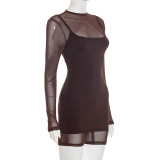 Mesh Patchwork Long Sleeve Romper+Sling Dress 2 Piece Set GSZM-C25ST267