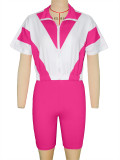 Contrast Color Zipper Tops+Shorts Sport Two Piece Set SH-391401