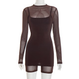 Mesh Patchwork Long Sleeve Romper+Sling Dress 2 Piece Set GSZM-C25ST267