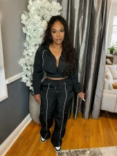 Contrast Color Lines Sport Two Piece Pants Set SH-391427