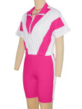 Contrast Color Zipper Tops+Shorts Sport Two Piece Set SH-391401