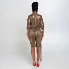 Solid Color Tie Up Tops Tight Fifth Pants Two Piece Set GSBD-J25ST338