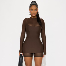 Mesh Patchwork Long Sleeve Romper+Sling Dress 2 Piece Set GSZM-C25ST267