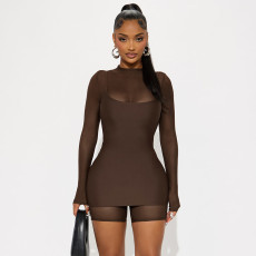 Mesh Patchwork Long Sleeve Romper+Sling Dress 2 Piece Set GSZM-C25ST267