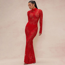 Lace Long Sleeve Slim Maxi Dress GSBD-D24DS559