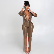 Solid Color Tie Up Tops Tight Fifth Pants Two Piece Set GSBD-J25ST338