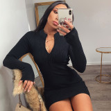 Fitted Ribbed Zipper Long-Sleeve Mini Dress GZJF-1177