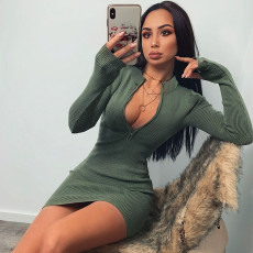 Fitted Ribbed Zipper Long-Sleeve Mini Dress GZJF-1177