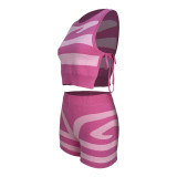 Sripe Sleeveless Tie Up Vest Shorts Suit MDF-5376