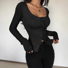 Solid Color Long Sleeve Tie Up Tops GZJF-2642