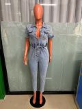 Fashion Washed Drawstring Tie Up Denim Jumpsuit LX-3560