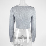V Neck Drawstring Flare Sleeve Short Tops GZJF-2582