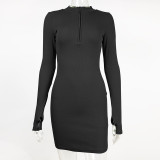 Fitted Ribbed Zipper Long-Sleeve Mini Dress GZJF-1177