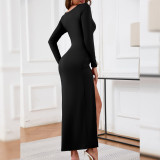 Hollow Out Long Sleeve High Split Maxi Dress YMYF-9380