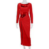 Hollow Out Long Sleeve High Split Maxi Dress YMYF-9380