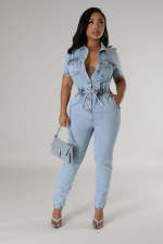 Fashion Washed Drawstring Tie Up Denim Jumpsuit LX-3560