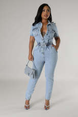 Fashion Washed Drawstring Tie Up Denim Jumpsuit LX-3560