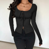 Solid Color Long Sleeve Tie Up Tops GZJF-2642
