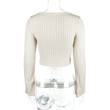 V Neck Drawstring Flare Sleeve Short Tops GZJF-2582