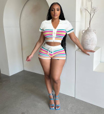 Stripe Knits Two Piece Shorts Set QXTF-83028