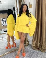 Solid Color Ruffles Lantern Sleeve Short Suit MDF-ZL5553