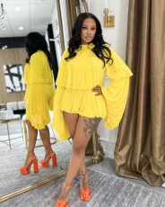 Solid Color Ruffles Lantern Sleeve Short Suit MDF-ZL5553