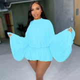 Solid Color Ruffles Lantern Sleeve Short Suit MDF-ZL5553