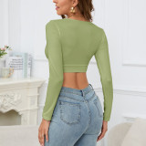V Neck Long Sleeve Crop Top YMYF-9318
