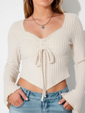 V Neck Drawstring Flare Sleeve Short Tops GZJF-2582