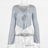 V Neck Drawstring Flare Sleeve Short Tops GZJF-2582