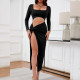 Hollow Out Long Sleeve High Split Maxi Dress YMYF-9380