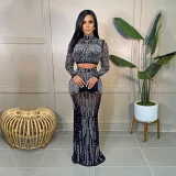 Hot Drill Long Sleeve Two Piece Skirts Set SH-390227