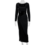 Hollow Out Long Sleeve High Split Maxi Dress YMYF-9380