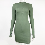 Fitted Ribbed Zipper Long-Sleeve Mini Dress GZJF-1177