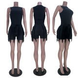 Solid Color Sleeveless Tassel Two Piece Shorts Set MDF-5330