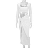 Hollow Out Long Sleeve High Split Maxi Dress YMYF-9380